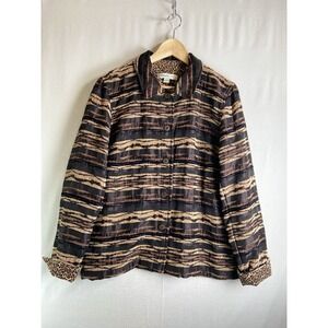 Coldwater Creek Artsy Button Front Jacket Women L  Animal Print Reversible Cuffs